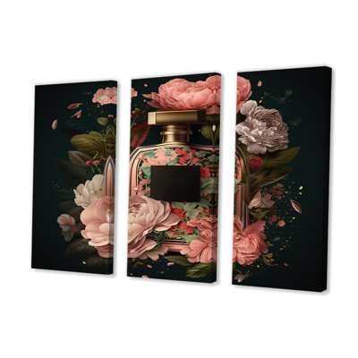 «Elegant Floral Perfume Bottle I», reproduction sur toile 3 pièces