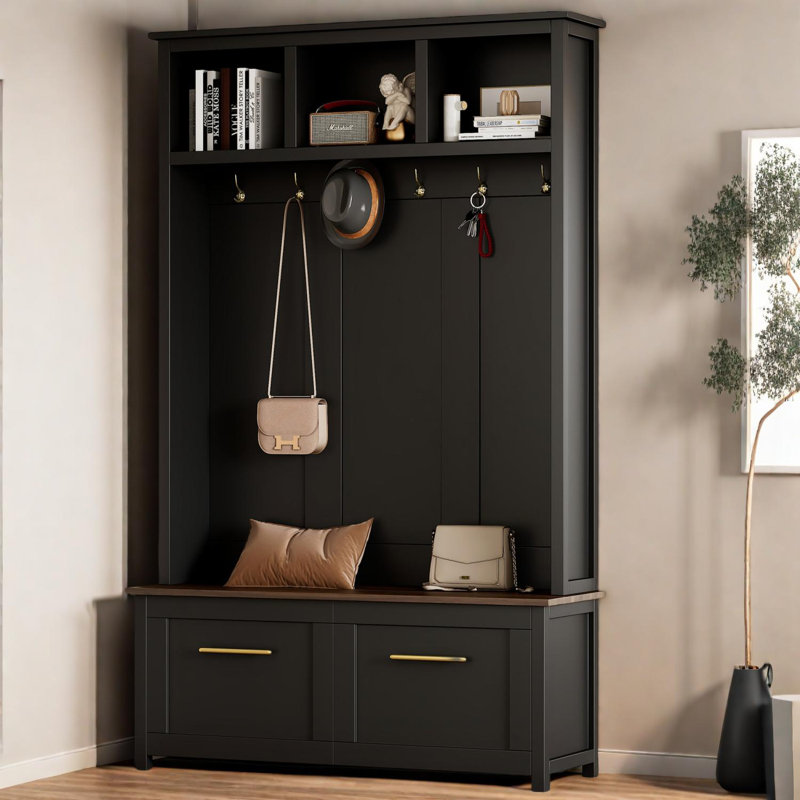 Arbre d'entrée 4 en 1 polyvalent avec crochets, banc, rangement et tiroirs - H 76,6 po, Noir