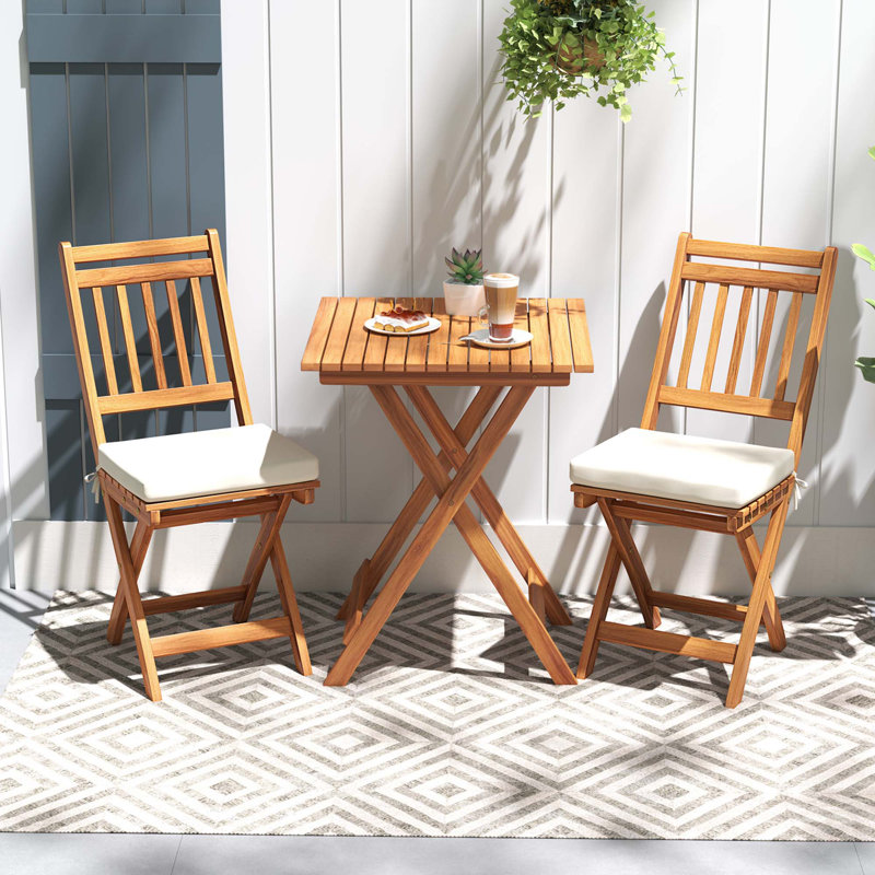  3-Piece Folding Bistro Set w/ Removable Seat Cushions Outdoor Table & Chairs