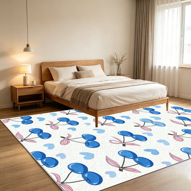 1PC Blue Cherry & Heart Print area rugs for Living Room, Soft and Comfortable, Suitable for all seasons, easy-to-maintain, machine washable Indoor floor mat, Under Table Farmhouse suitable for Dining Table, Bedroom, Kitchen, Entryway, Patio, Home