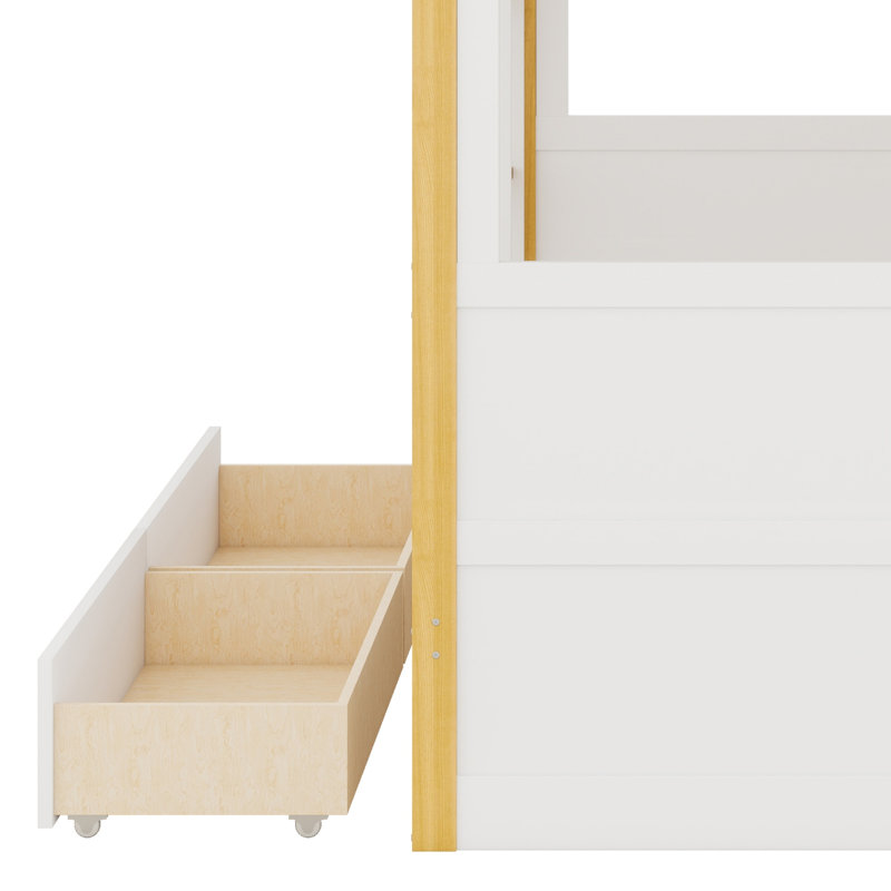 Lit superposé avec garde-corps en forme de maison, tablettes de rangement et tiroirs, Double sur double