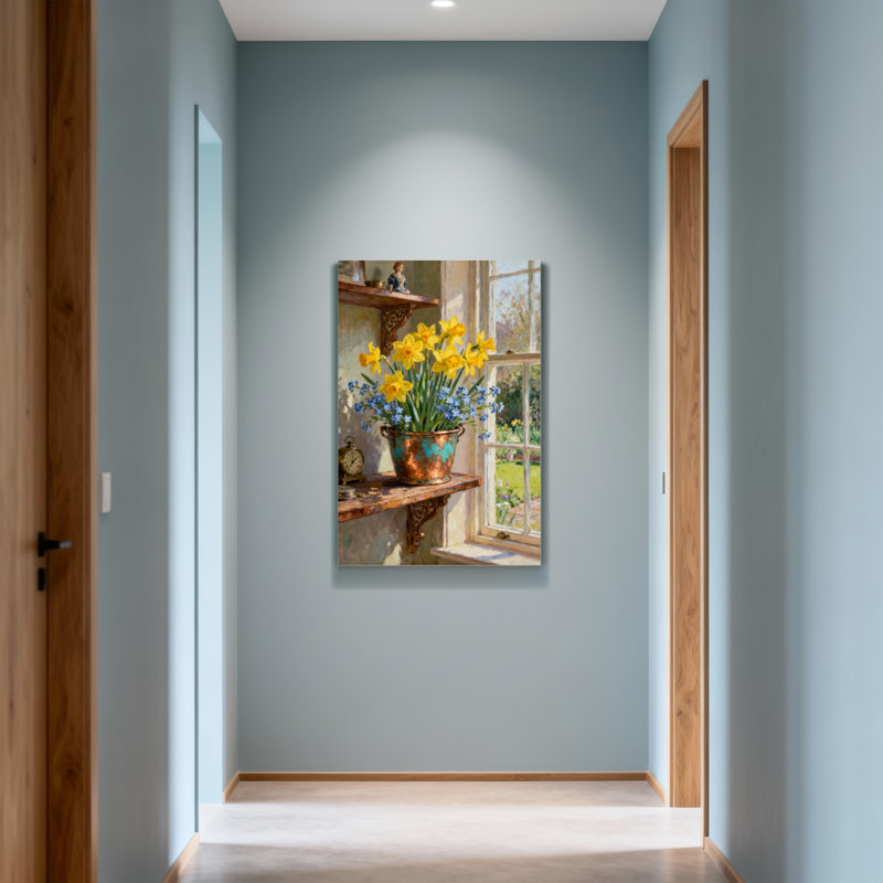 Plantes et fleurs, jonquilles jaunes, fleurs bleues, pot de cuivre, fenêtre, vue de jardin, H 12 po x l 18 po