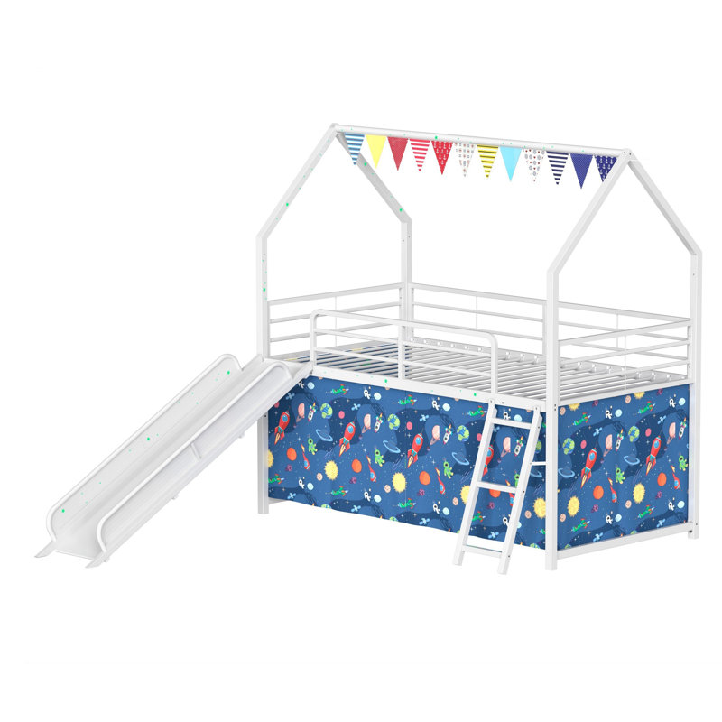 Lit mezzanine double Zeso pour enfants, motif maison, bleu et blanc, avec glissade et rideau