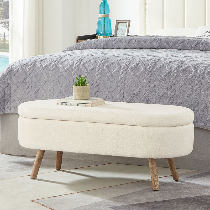 Luxury Oval Boucle Storage Ottoman Bench With Wood Legs 350Lb Weight Capacity & Safety Hinge, Ivory