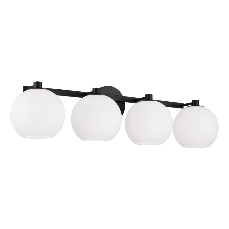 Matte Black 4-Light Vanity with Soft White Glass Globes