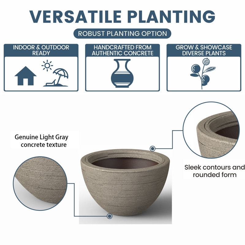 Medium (Upgraded Interior) Concrete Round Planter / Pot With Drainage Holes, 7.09'' H X 11.81'' W X 11.81'' D, Light Gray