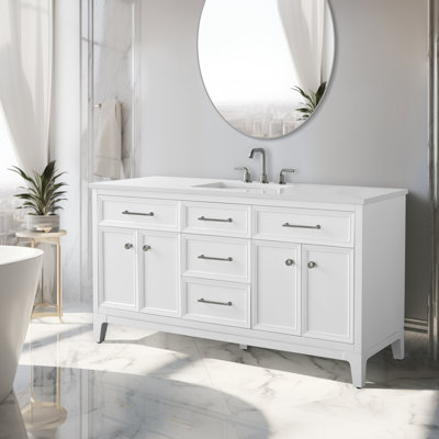 Tiosha 60'' Single Bathroom Vanity in White with Engineered Stone Top