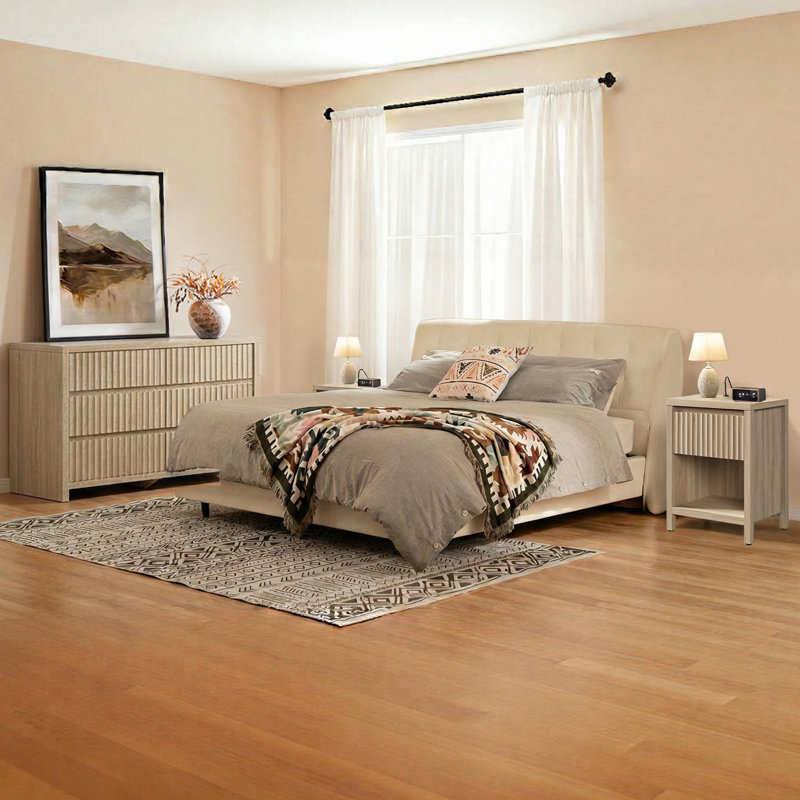Ensemble de chambre à coucher moderne 3 pièces, commode 6 tiroirs et 2 tables de chevet, conception peu encombrante