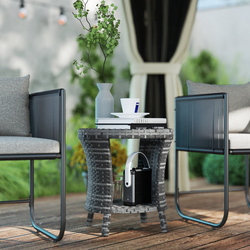 Table basse d'extérieur en osier 18 po, table d'appoint de patio à 2 niveaux, gris
