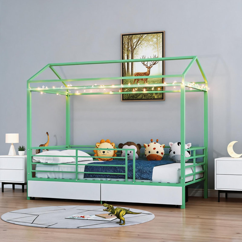 Structure de lit simple pour enfants avec toit, construction en métal robuste, sans sommier, vert riche