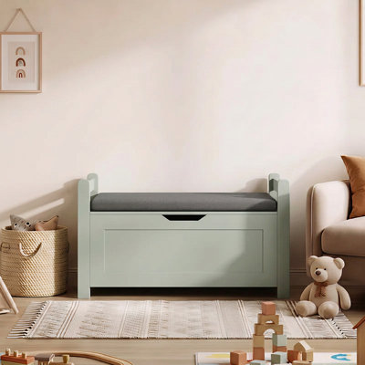 Banc de rangement pour enfants avec coussin rembourré, coffre à jouets en bois avec couvercle rabattable, pouf de rangement, banc à chaussures d'entrée avec charnière de sécurité, siège de rangement pour chambre, salle de jeux ou chambre d'enfant