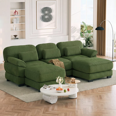Canapé modulaire surdimensionné en U Cloud Couch Cloud, canapé 3 places avec 2 repose-pieds, coussins de siège épais et confortables, tissu en velours côtelé respirant, vert pour le salon