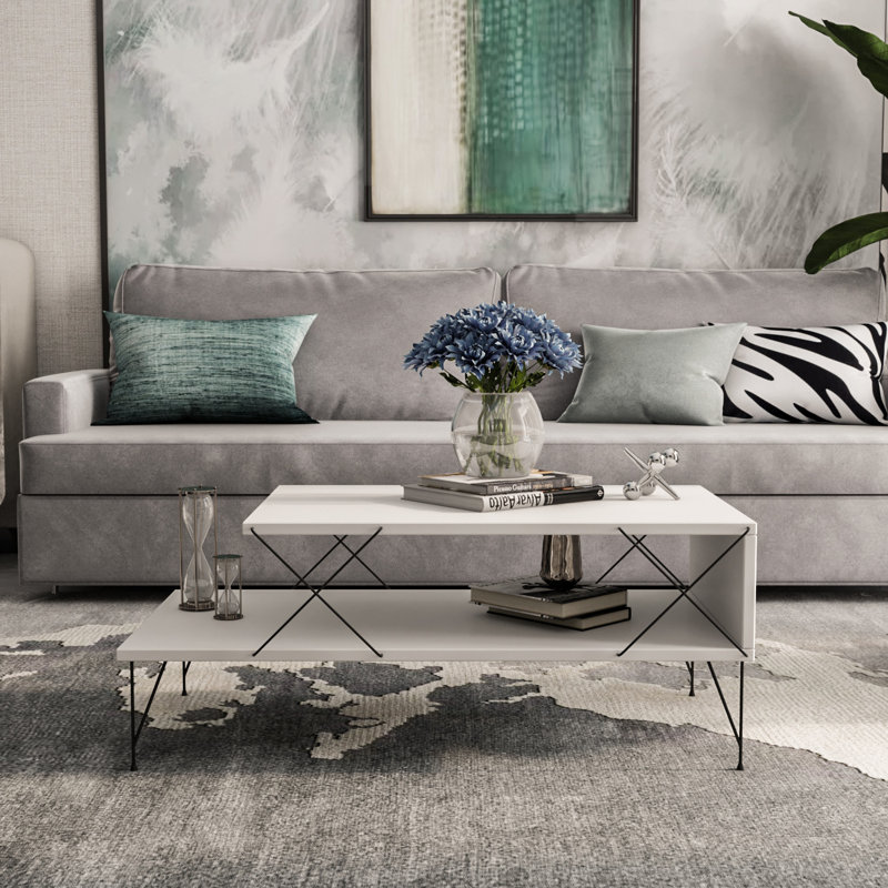 Modern Coffee Table with Metal Legs, White Finish, 39.4 x 15.7 x 19.7 inches | 100% Melamine Coated Particle Board, Thickness: 0.7 inches | Sleek Design, Perfect for Living Room & Contemporary Spaces, Durable & Stylish