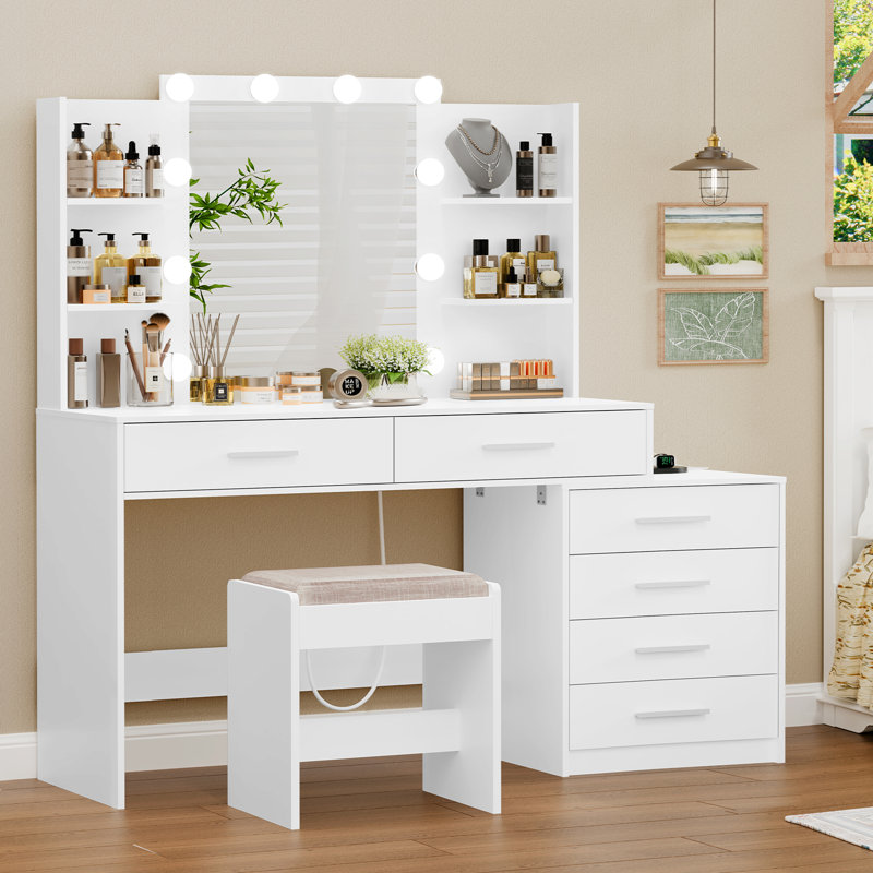 Large Makeup Vanity Table With Mirror & Lights, Vanity Desk With 6 Large Drawers & Charging Station, Vanity Table, Vanity Set For Bedroom, White