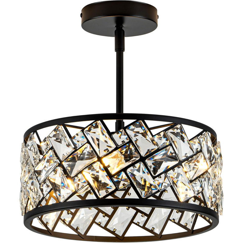 Plafonnier semi-encastré moderne en cristal, lustre noir avec abat-jour en cristal transparent pour la cuisine, la chambre, la salle de bain, le salon, le vestibule, le couloir
