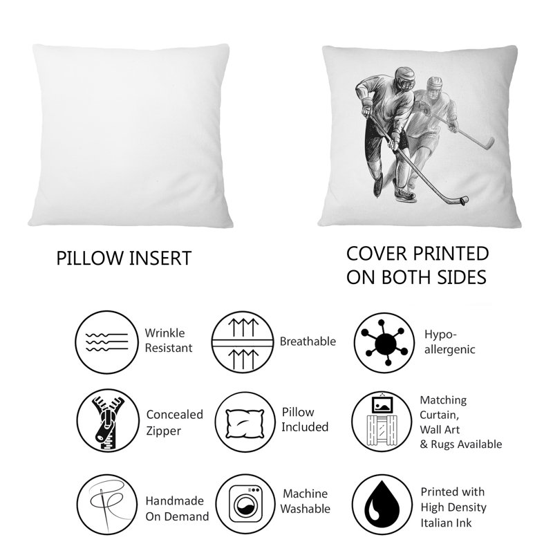 Joueur de hockey en noir et blanc Winter Sport IV - Coussin décoratif imprimé Global, 18 po x 18 po