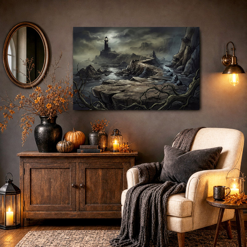 Phare au clair de lune sur des rochers déchiquetés - Toile murale d'Halloween, H 18 po x l 24 po