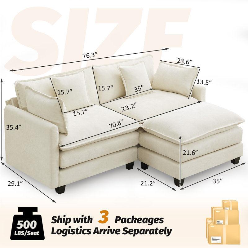 Chenille Upholstered Sectional Sofa Couch with Ottoman, 2 Seat + 1 Ottoman, Beige