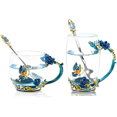 Tasse à café tasse à thé avec cuillère en émail fait à la main fleur pour femme (paquet de 2)