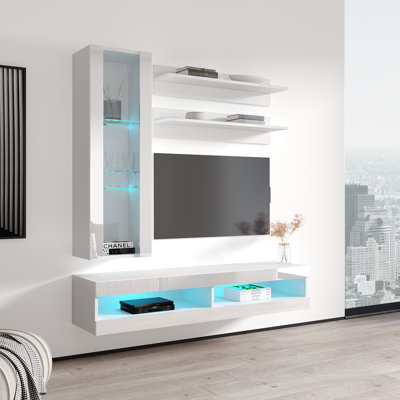Lieb 63" Modern Floating Wall Mounted Entertainment Center with 16-Color LED Lighting, High Gloss Finish