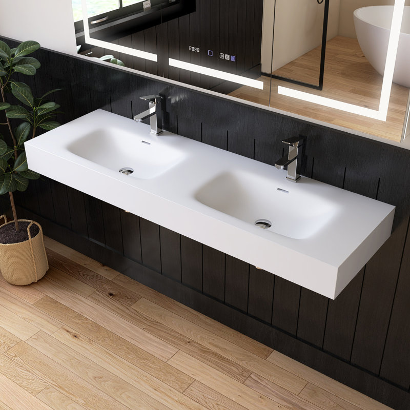 59'' Wall Mounted Double Bathroom Sink Solid Surface Bathroom Sink with Overflow