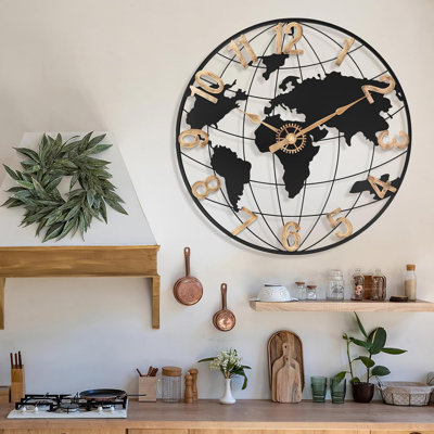 Large Modern Decorative Silent Metal World Map Wall Clock