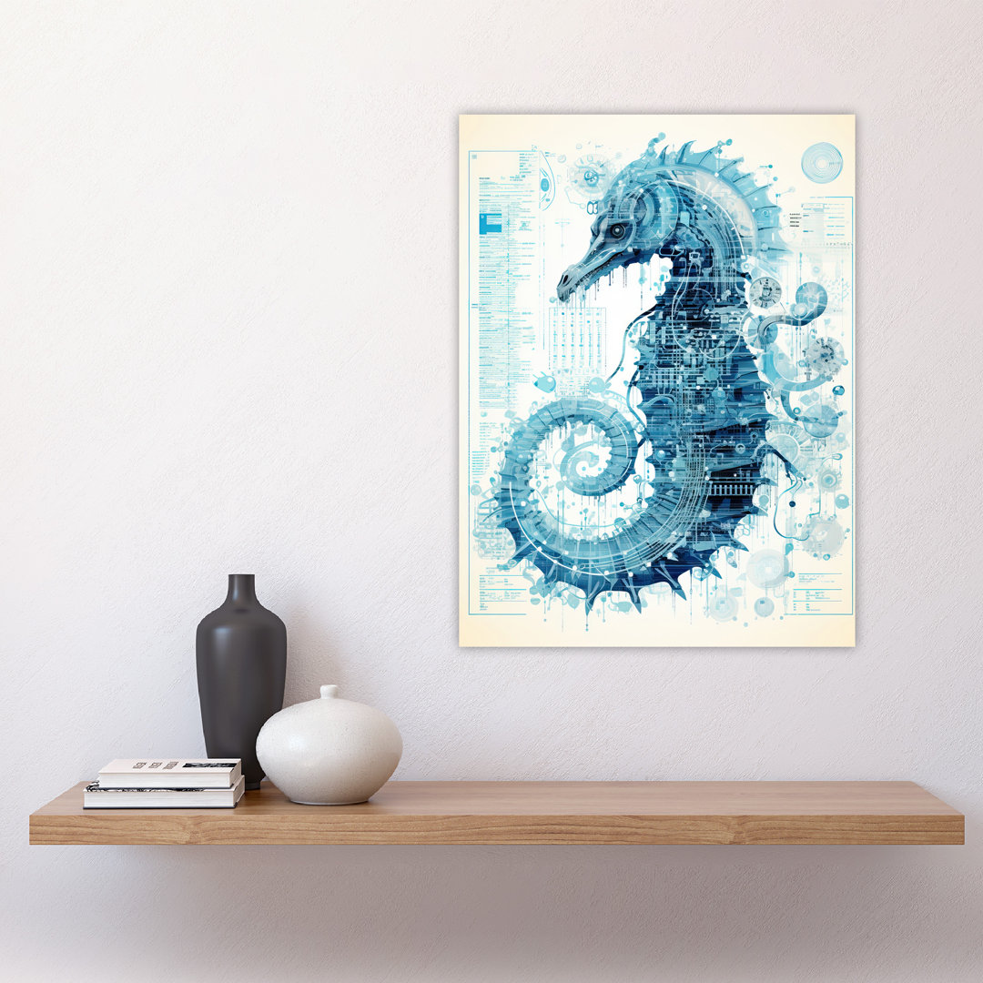 Wall Art Print Seahorse Robot Hybrid Schematic Futuristic Secret Complex Arcane Manuscript Gift For Cave Poster