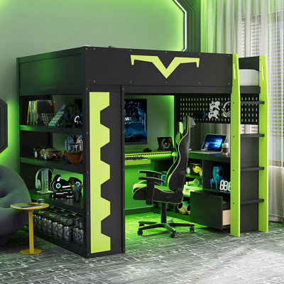 Full Size Gaming Loft Bed With Integrated Desk & RGB LED Lights, Pro-Gamer Bed With Power Outlet, Large Bookshelf, Pegboard, Keyboard Tray & Storage Drawer, 3 Colors Available, Green