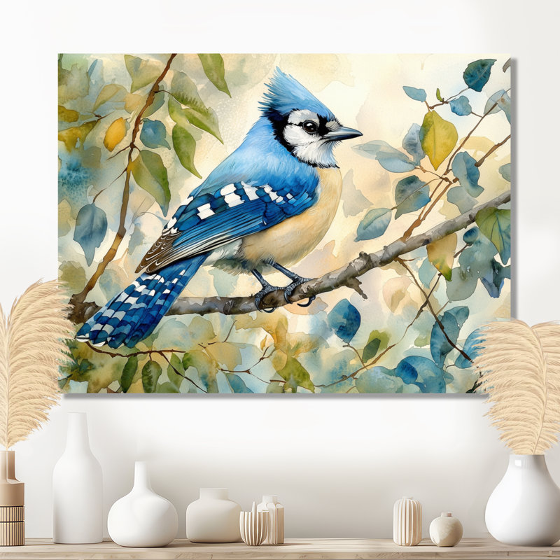 Geai bleu perché sur une branche II - oiseau, art mural en métal pour le salon, H 12 po x l 20 po