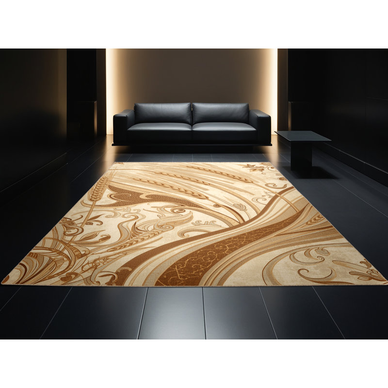 Machine Washable Orlandra Barley French Country Oriental Rug in Beige – Beige Binding, 4' Round