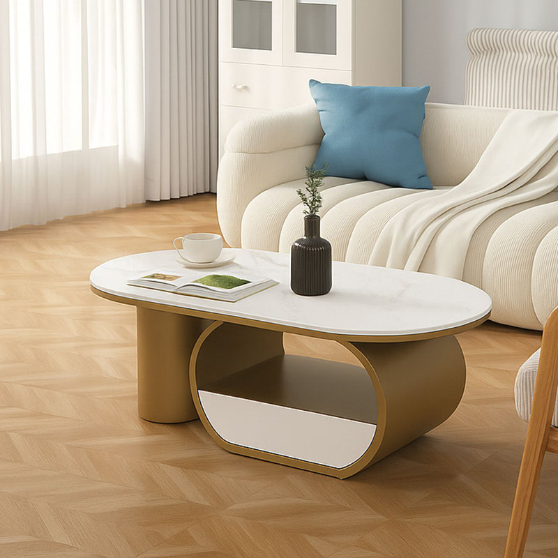 Table basse de luxe avec tiroir et base en métal pour le salon, Plateau blanc / base dorée