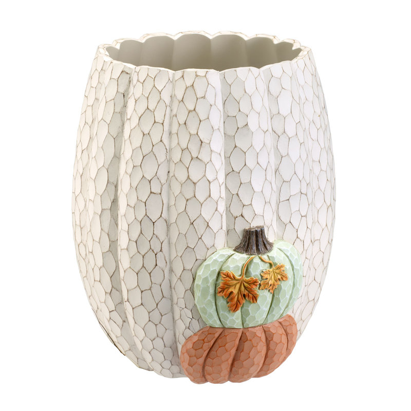 White Resin Textured Wastebasket with Pumpkin Design