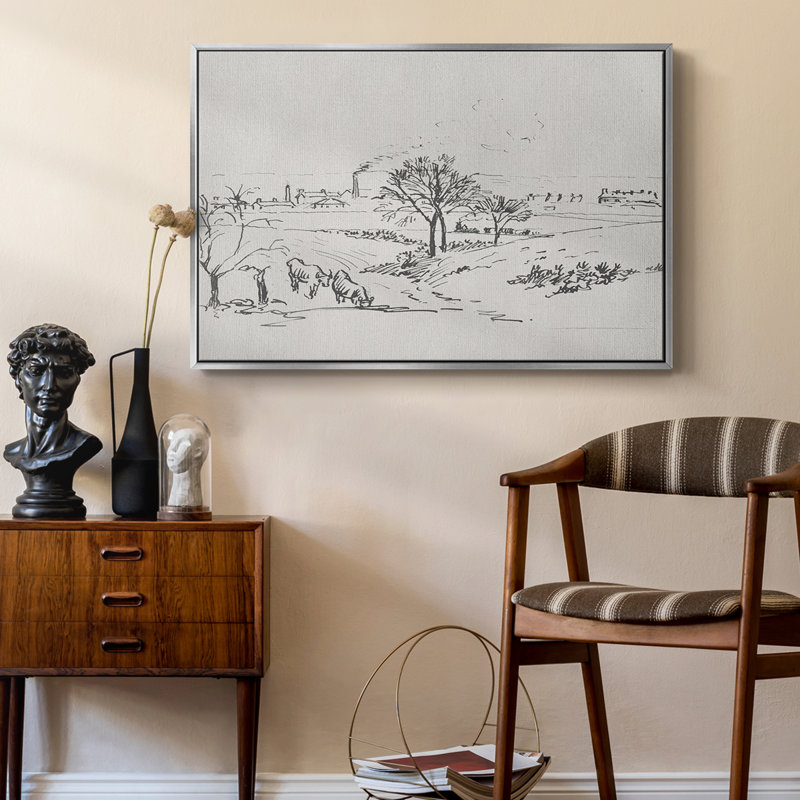Croquis rétro -XV, Toile argentée avec cadre flottant, H 25 po x l 37 po