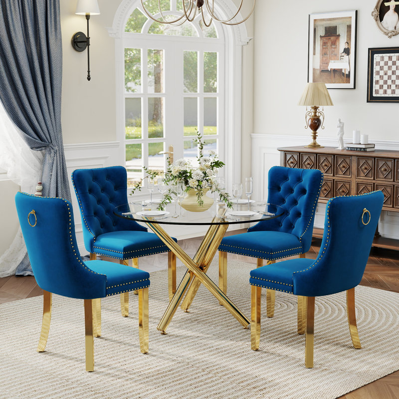 Ensemble de salle à manger à piédestal rond 5 pièces avec chaise capitonnée en velours pour salle à manger et salon, Bleu