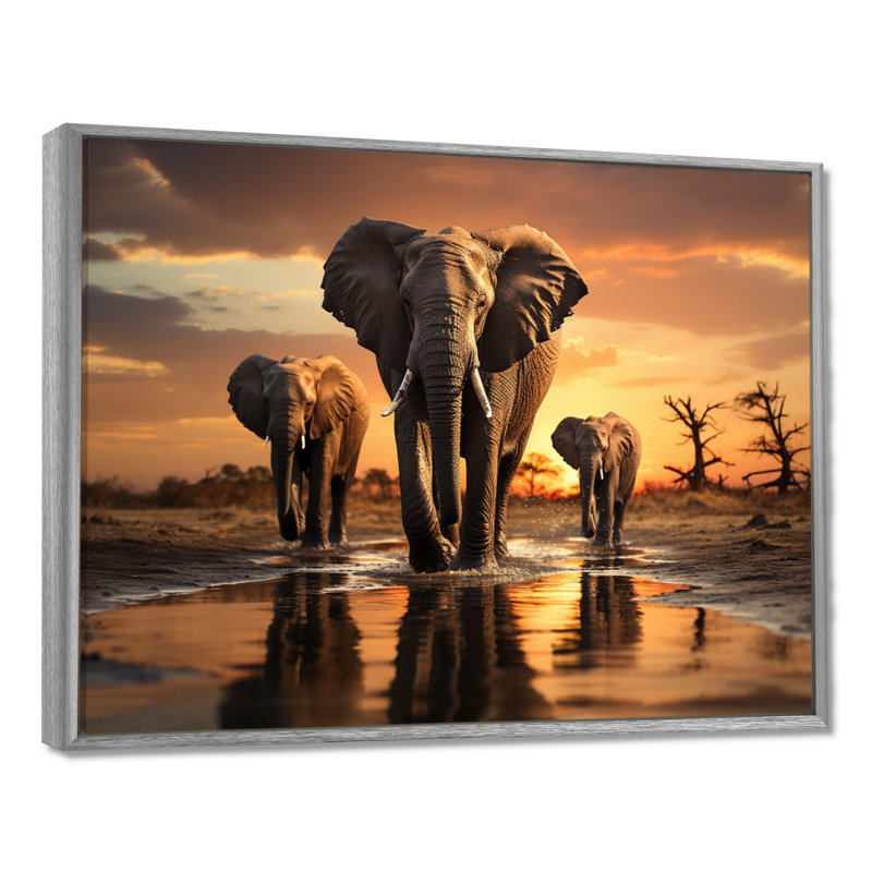 «Elephant Shadows Of Serenity II», art mural sur toile, H 30 po x l 40 po x P 1,5 po, Encadrement argenté