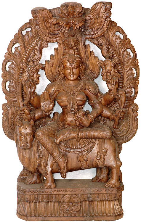 Carved Wood Durga Goddess Statue, 35 in. Wall Panel     South Indian Temple Art for Meditation Room & Spiritual Decor