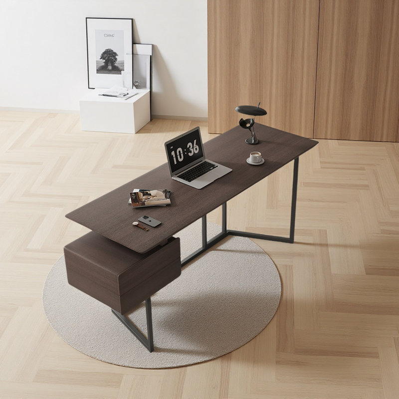 Italian Minimalist Solid Wood Computer Desk with Smoked Wood Veneer, 29.53" H x 47.24" W x 23.62" D