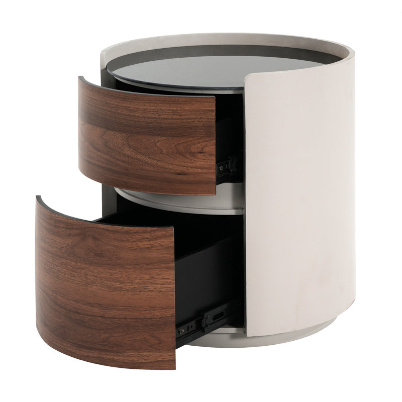 Table d'appoint ronde rétro à double rangement brun gris, aspect à bords arrondis lisses, plateau surélevé, conception, tiroirs, verre trempé pour un nettoyage facile, rangement à deux niveaux, base, dimensions compactes, prêt à monter
