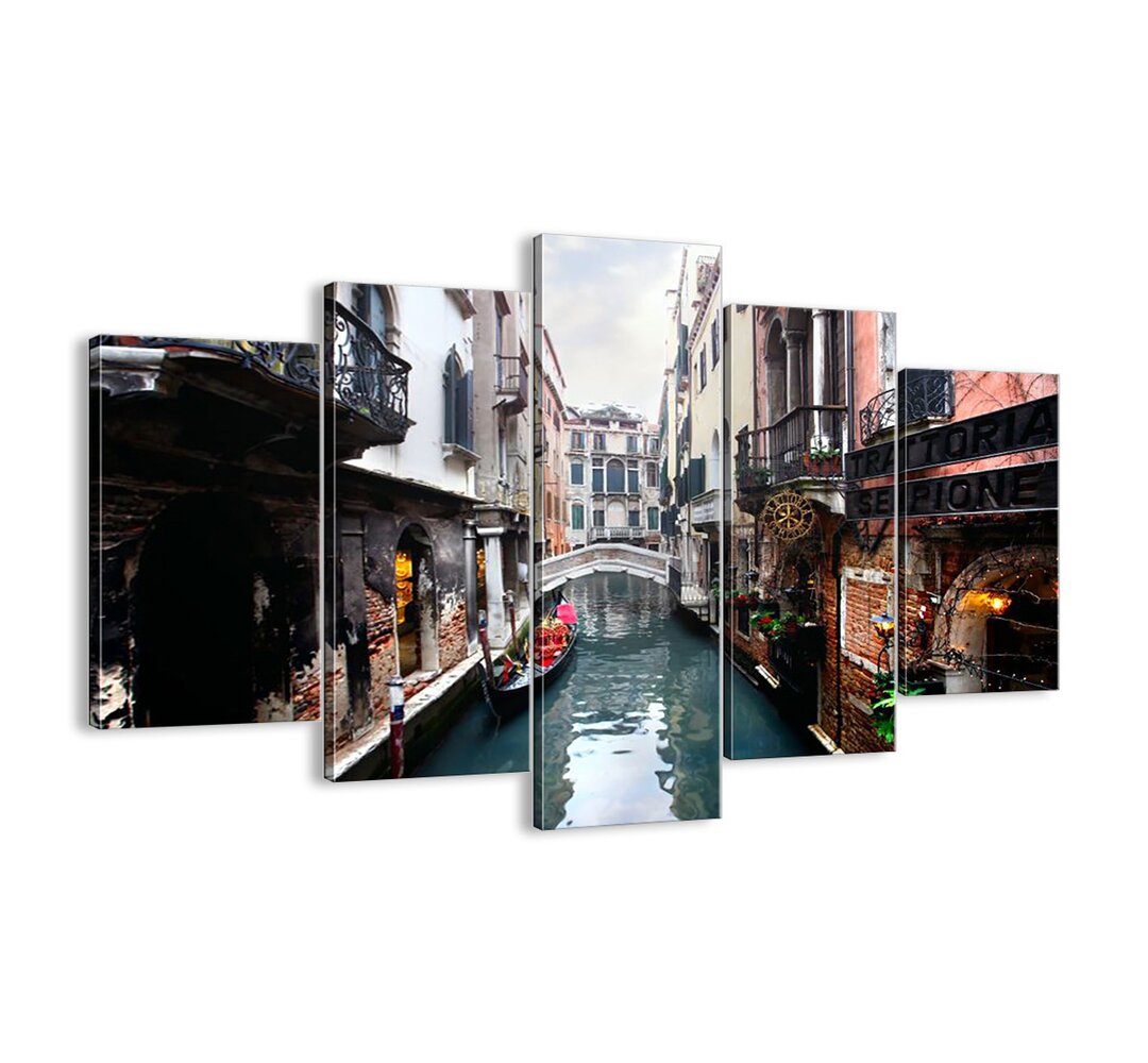 5-tlg. Leinwandbilder-Set - Fotografie „Venetian Landscape with a Gondola and a Bridge”