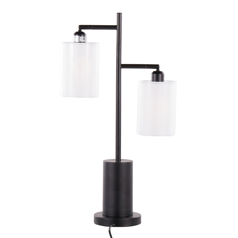 Lampe de table contemporaine en métal noir avec abat-jour blanc Cannes - Lampe de bureau moderne réglable avec 2 ampoules DEL pour le salon et la chambre à coucher
