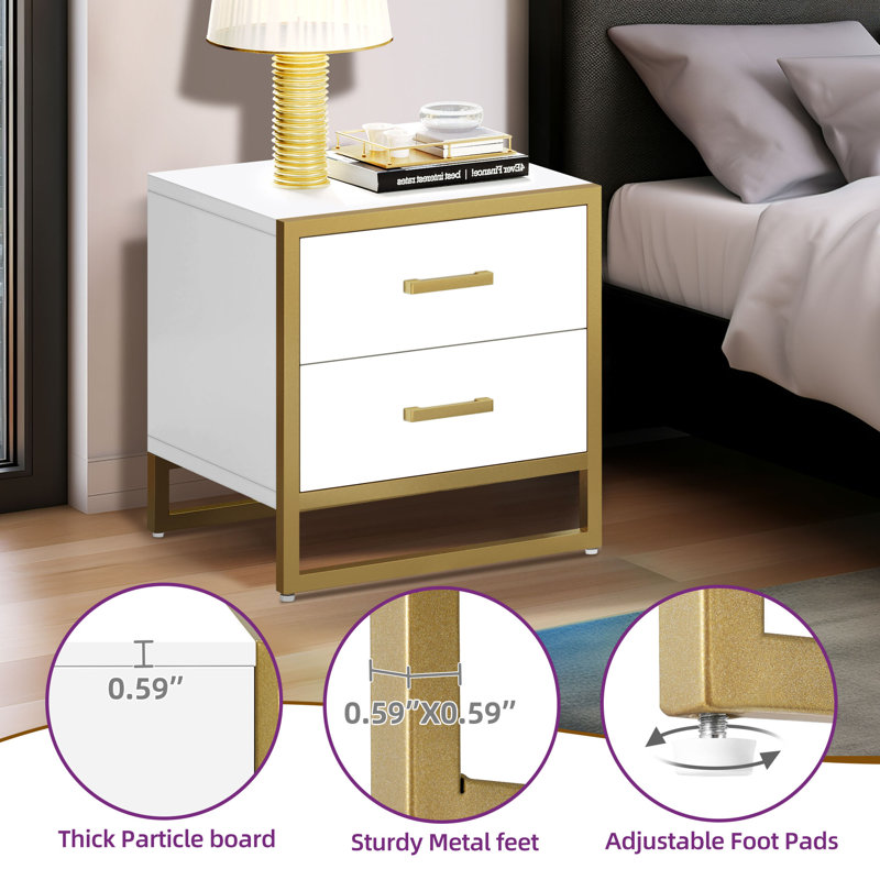 Patchell 19.7"H 2 Drawer Nightstand with Metal Frame, White/Gold