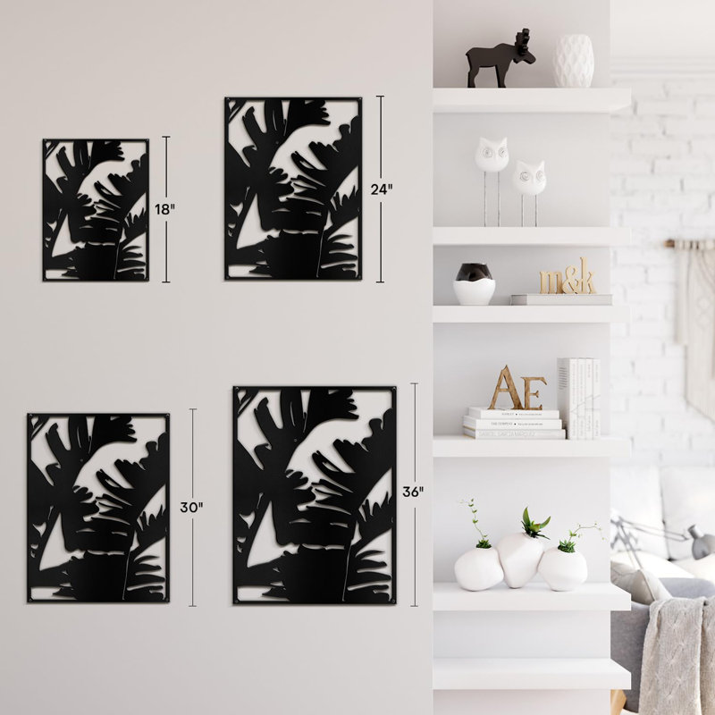 Décoration murale décorative murale en métal feuille de bananier tropical, H 24 po x l 17,91 po x P 0,05 po, Noir