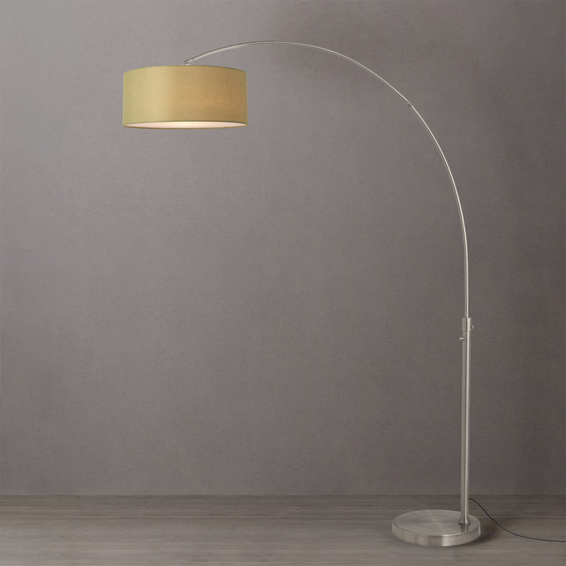 Lampe arquée Float 92 po - Nickel satiné, base en acier, demi-dôme tambour en lin avocat, intensité variable, ampoule incluse