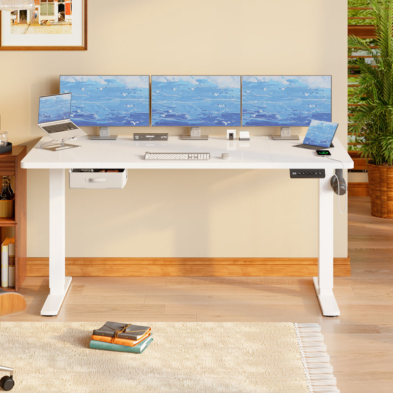 Electric Standing Desk Wide Desktop Height Adjustable Standing Desk With Drawer&Hooks, 118" H x 140" W x 80" D, White, White