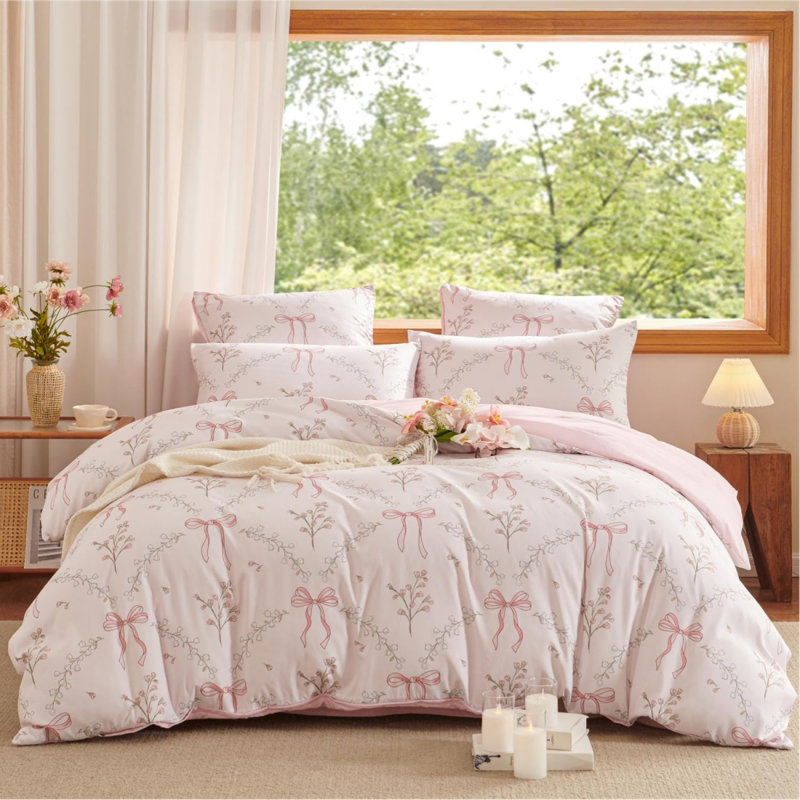 Ensemble d'édredon rose à motif floral Sweet Bow Decor, Édredon simple + 1 taie d'oreiller standard