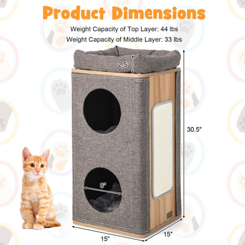 Gray 3-Story Cat House with Sisal Scratching Board