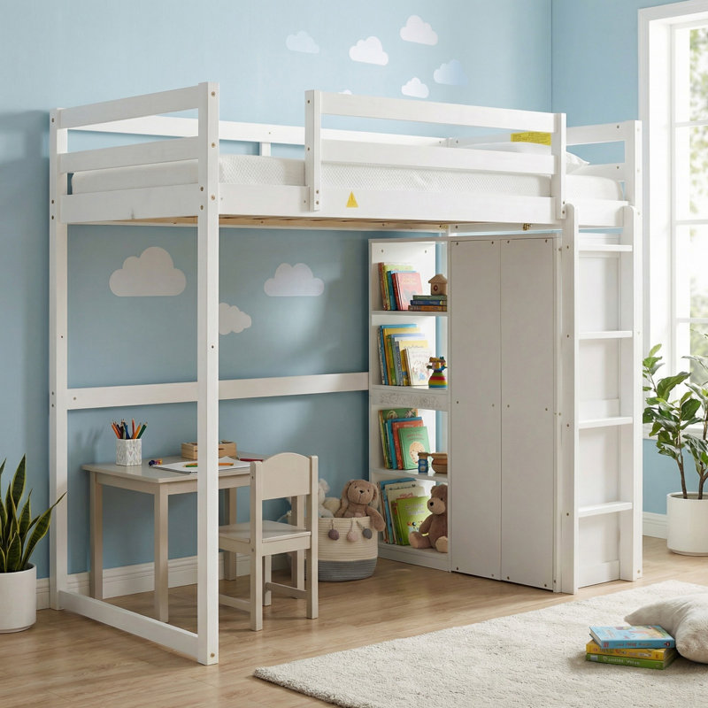 Lit mezzanine double en bois massif avec garde-robe intégrée et tablettes de rangement, lumière DEL pour la chambre à coucher