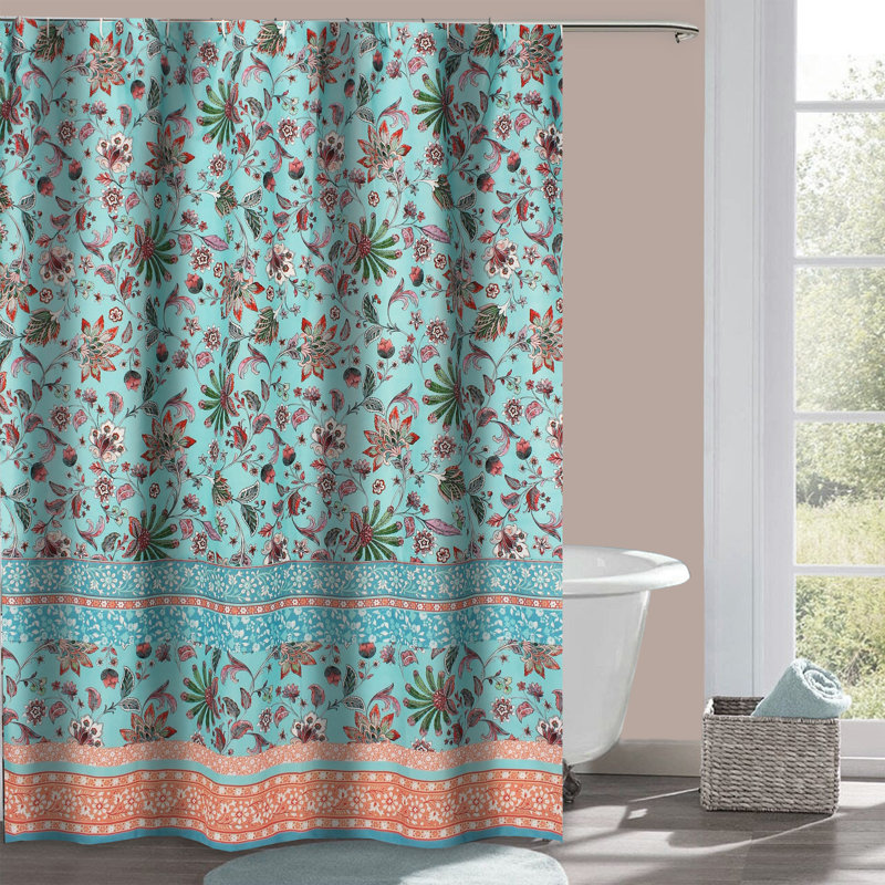  Athens Shower Curtain, Blue Microfiber Polyester, Jacobean Print