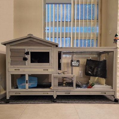 62"L Bunny Cage Indoor and Outdoor Rabbit Hutch with Casters Waterproof Roof, Pull Out Tray, Gray