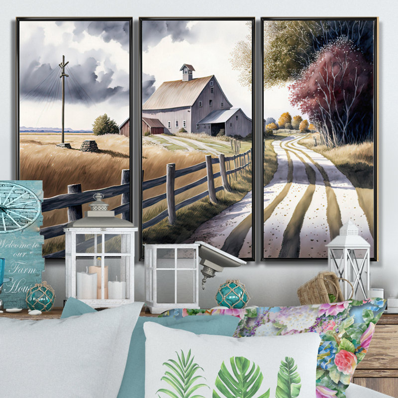«Path To The Barn V», reproduction sur toile 3 pièces, Cadre noir, H 28 po x l 36 po x P 1 po